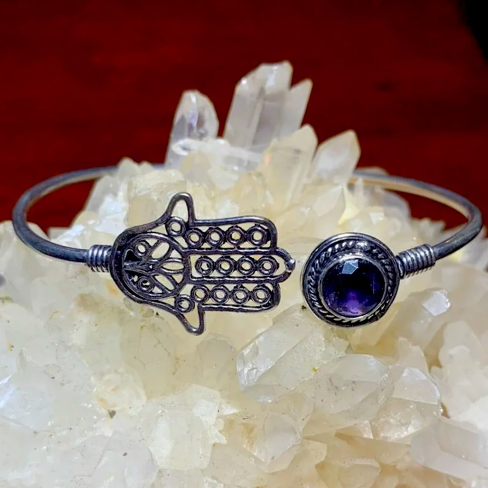 Hamsa Amethyst Adjustable Bangle Cuff Bracelet - image 1